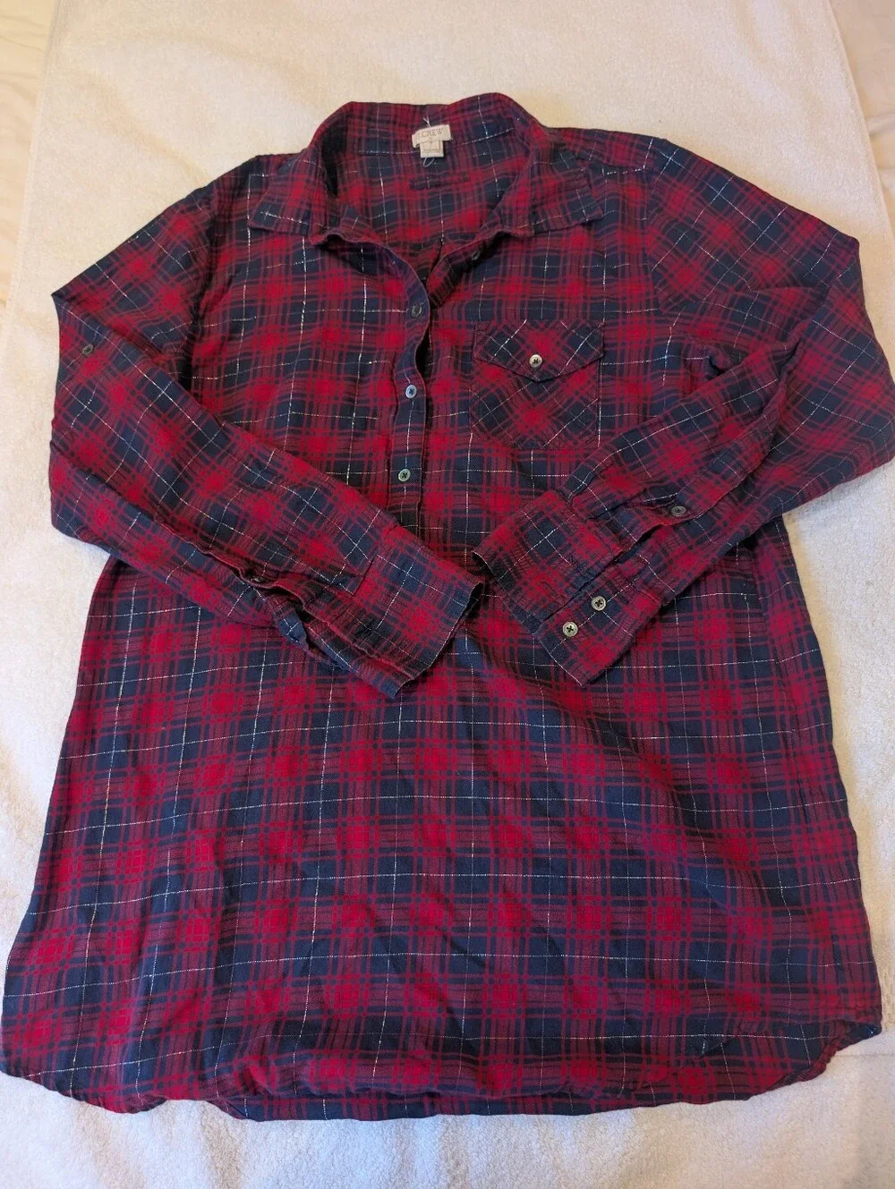 J.Crew Red Metallic Plaid Tunic Shirt Dress Flannel Long Sleeve Medium